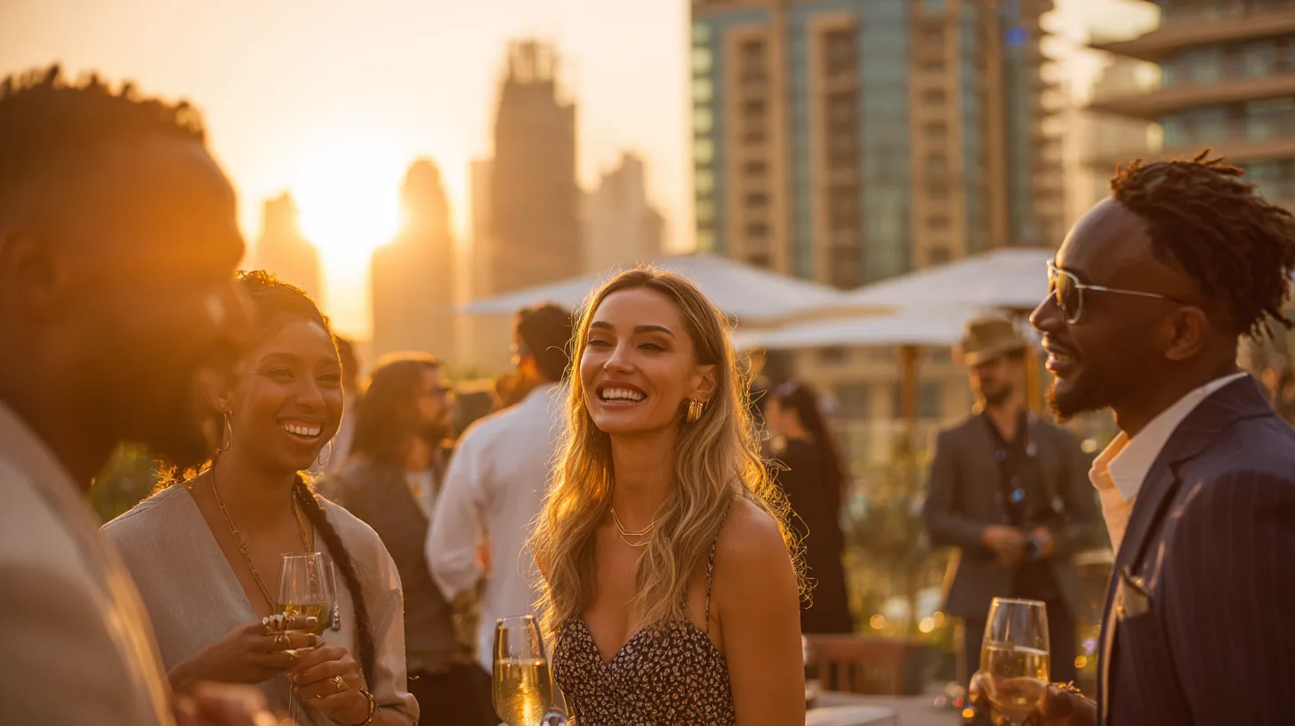 Guests laughing together on a rooftop at golden hour