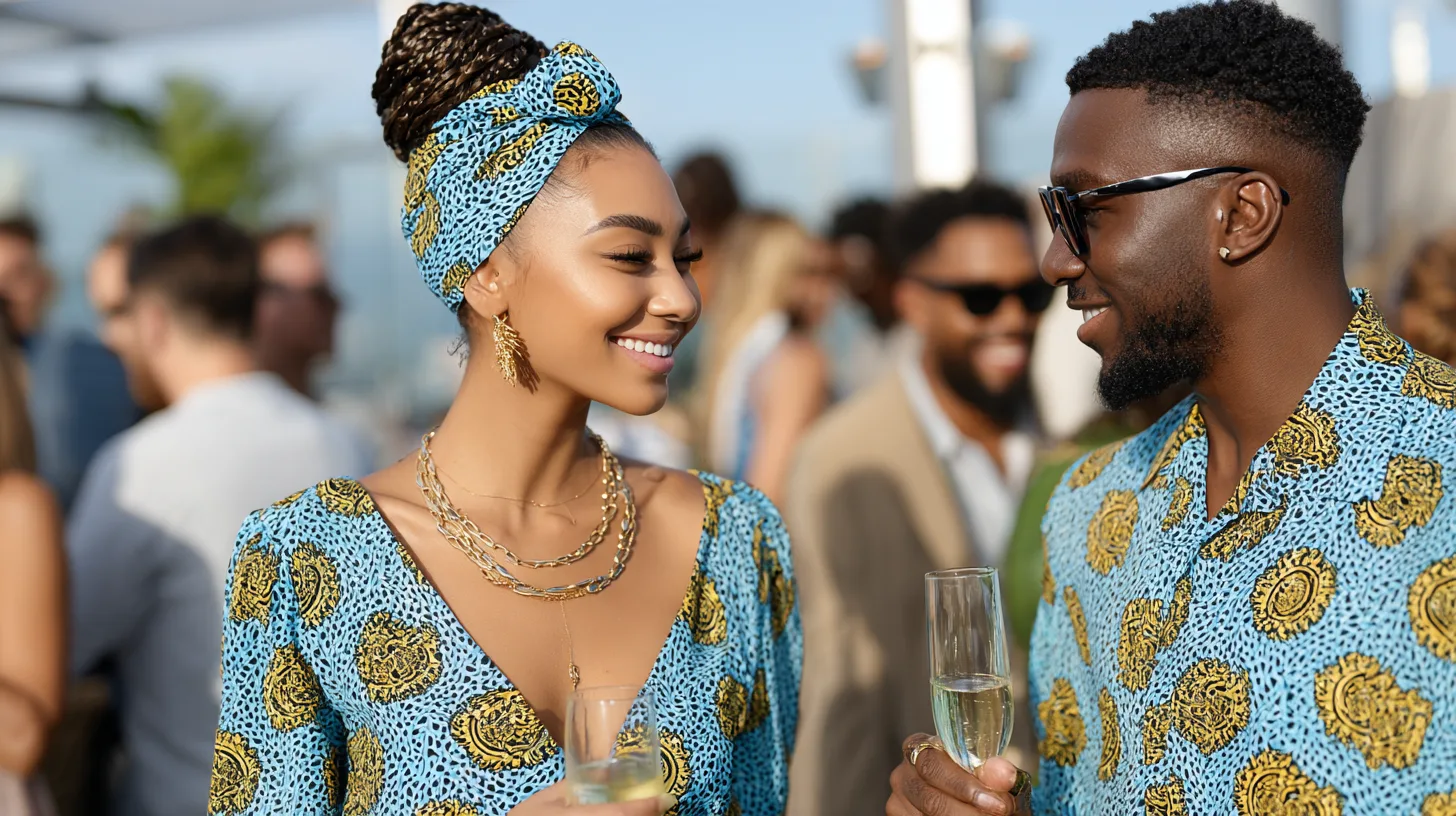Two guests in matching African print at a rooftop gathering