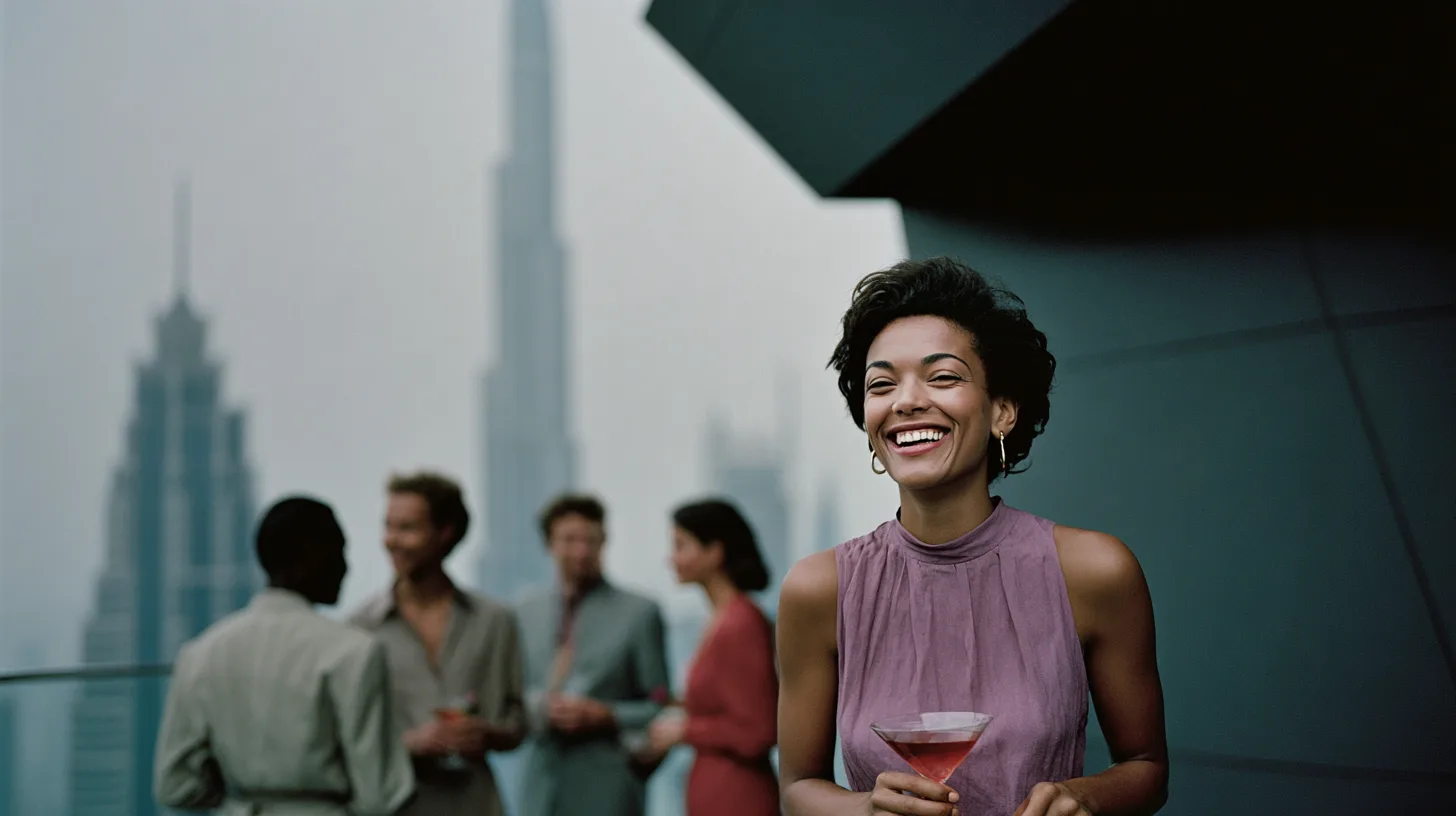 A guest laughing on a rooftop above the city