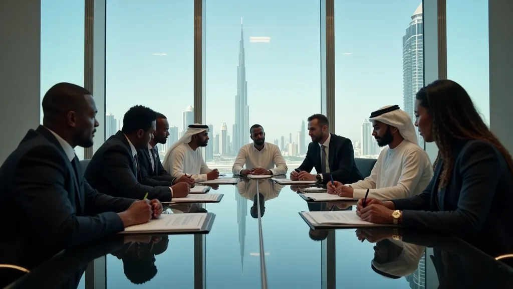 A boardroom meeting overlooking the city